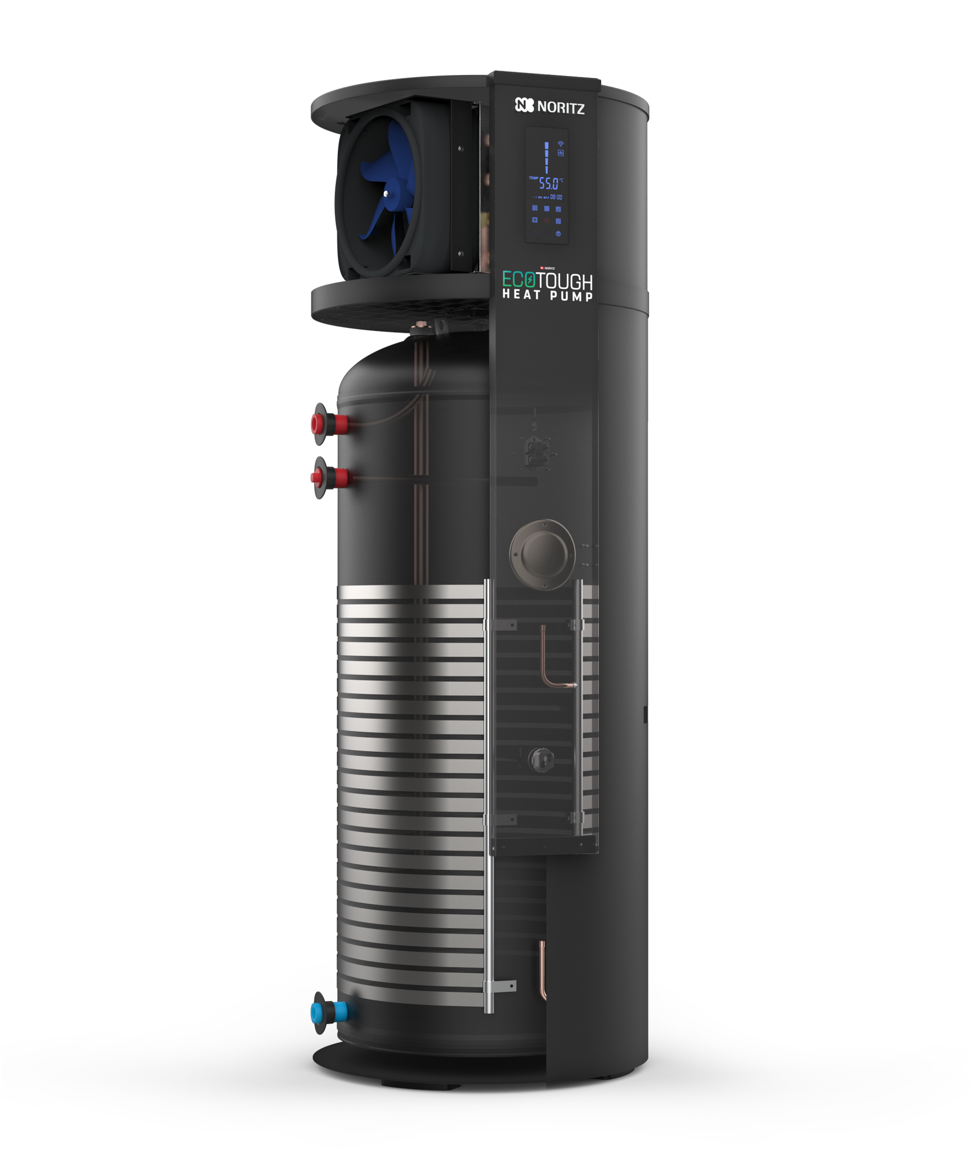 Cutaway view showing the internal fan, heat exchanger coil, and tank