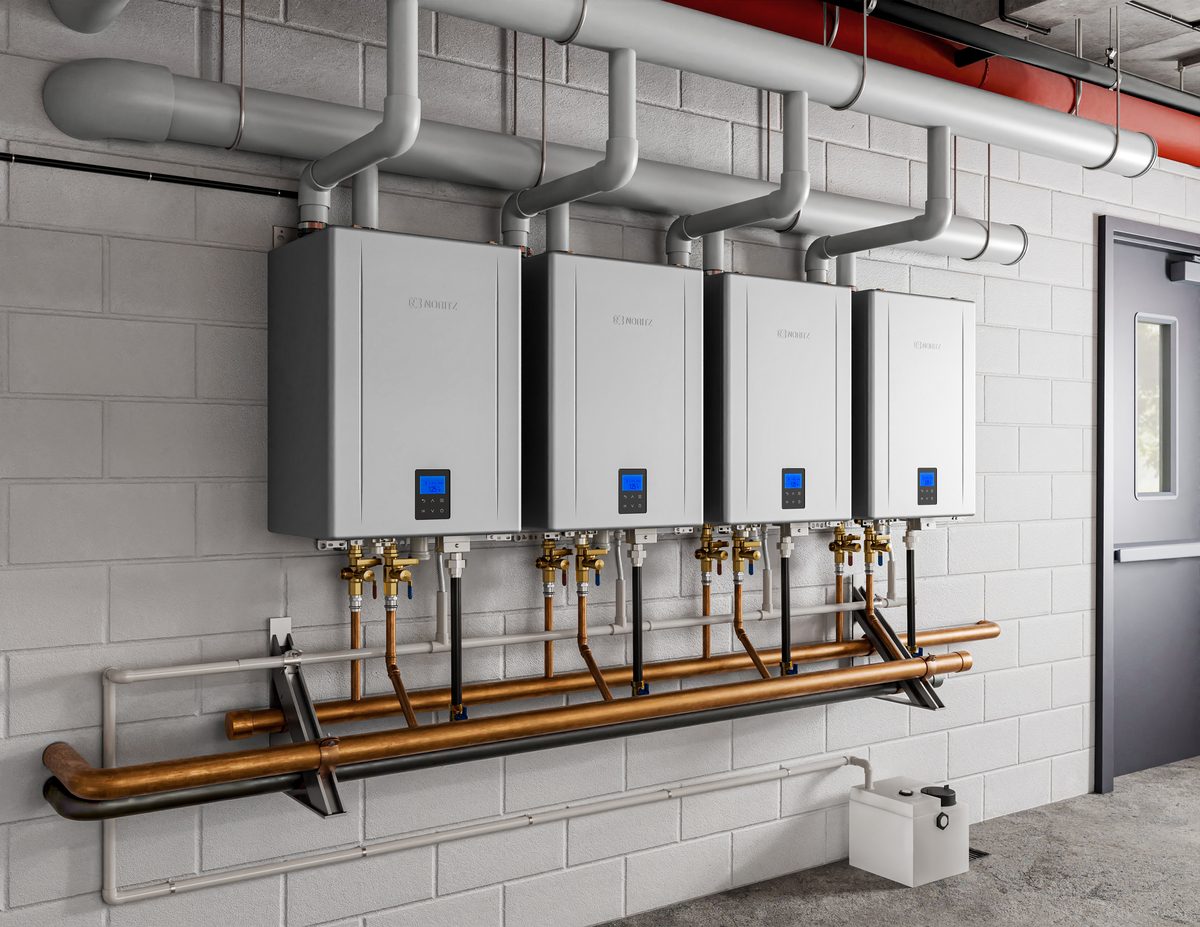 Noritz multi-unit commercial rack and manifold installation
